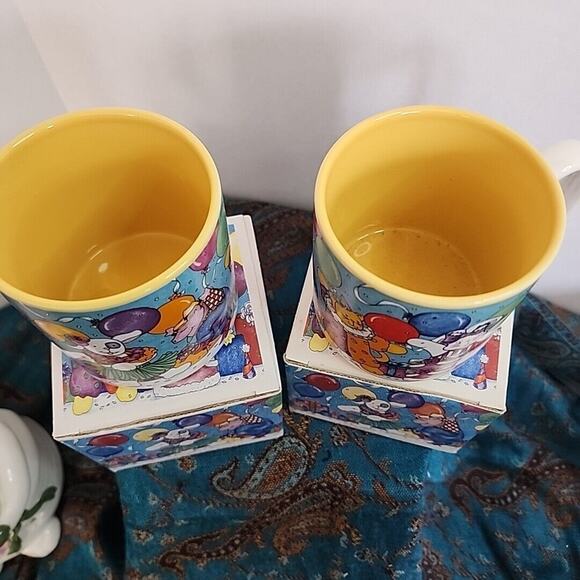 Set Of 2 Vtg 1996 Flowers Inc Mugs Party Animals Pig Bunny Cat Balloons With... - Picture 2 of 7